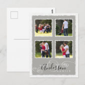 4 Fotocollage Voeg familienaam toe Grijs Briefkaart (Voorkant / Achterkant)