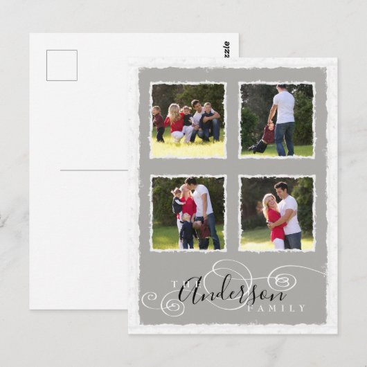 4 Fotocollage Voeg familienaam toe Grijs Briefkaart (Voorkant / Achterkant)
