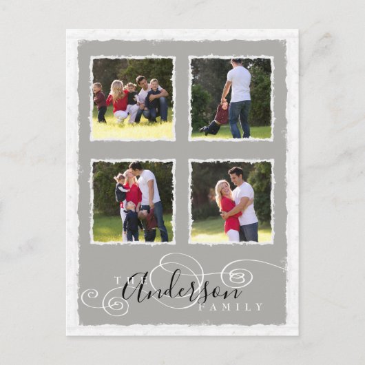 4 Fotocollage Voeg familienaam toe Grijs Briefkaart (Voorkant)