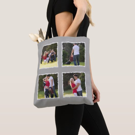 4 Fotocollage Voeg familienaam toe Grijs Tote Bag (Dichtbij)