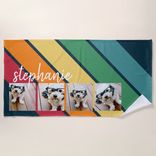 4 Fotoretro stripe patroon regenboogscriptnaam Strandlaken (Voorkant)