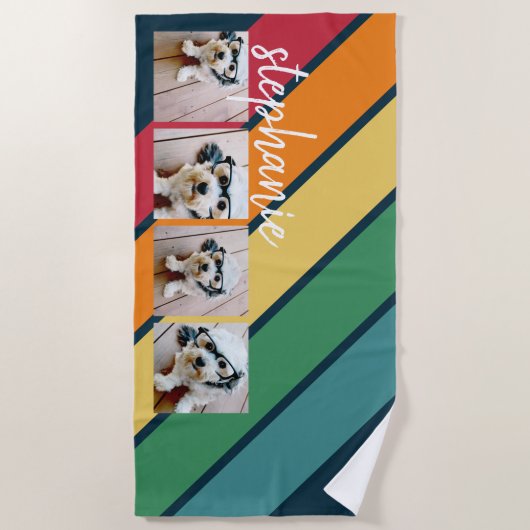 4 Fotoretro stripe patroon regenboogscriptnaam Strandlaken (Voorkant)