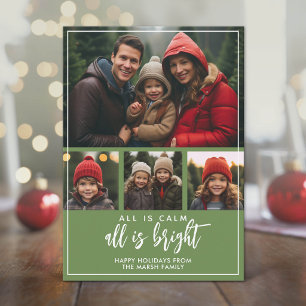 4 foto's - Alles is rustig helder groen blauw Kers Feestdagenkaart