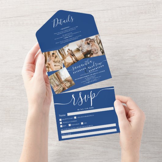 4 Foto's blauw wit modern script bruiloft All In One Uitnodiging (Afscheurbaar)