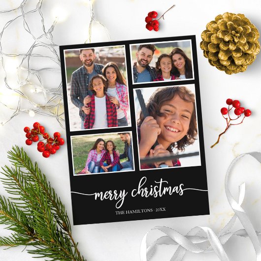 4 Foto's Collage Cute Script Merry KerstBlack Briefkaart