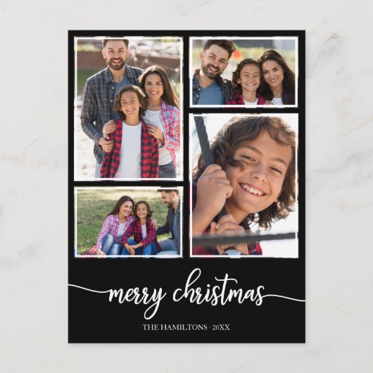 4 Foto's Collage Cute Script Merry KerstBlack Briefkaart (Voorkant)