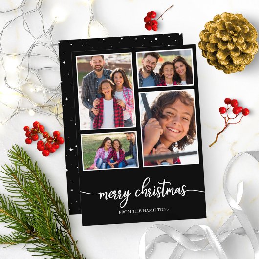 4 Foto's Collage Cute Script Merry KerstBlack Kaart