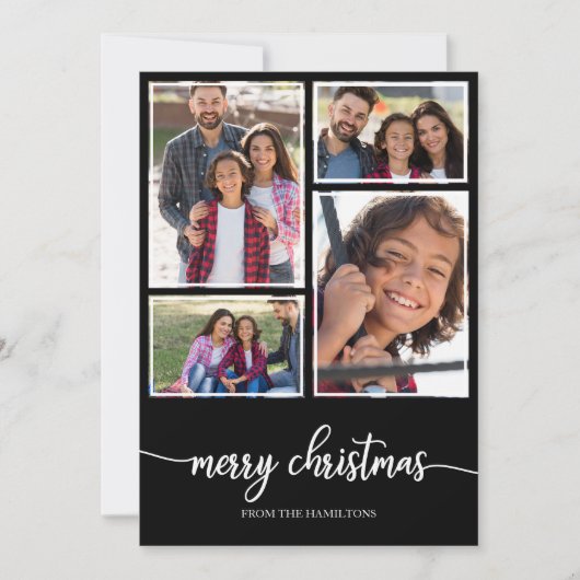 4 Foto's Collage Cute Script Merry KerstBlack Kaart (Voorkant)