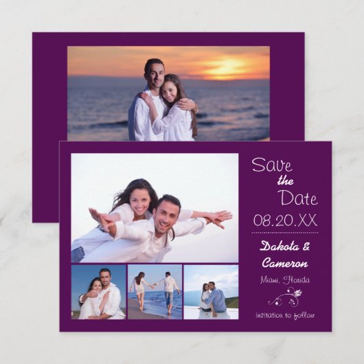 4 Foto's Collage Eggplant - 3x5 Bewaar de datum Save The Date (Voorkant / Achterkant)