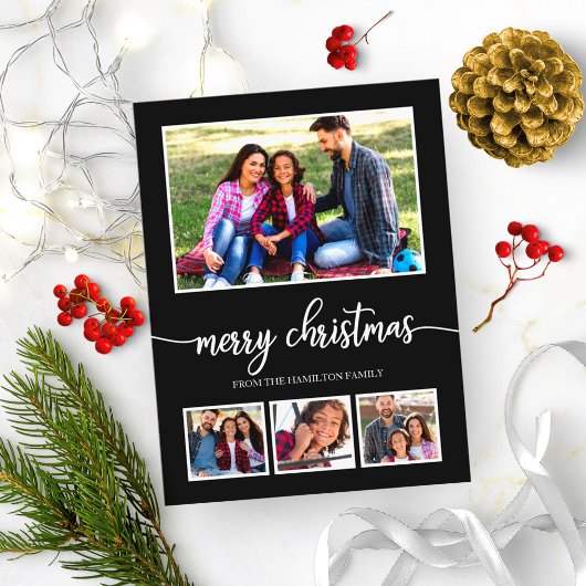 4 Foto's Collage Merry Kerstmis Modern Black Briefkaart
