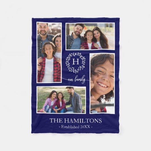 4 Foto's Collage Monogram Familie Foto Home Decor Fleece Deken (Voorkant)