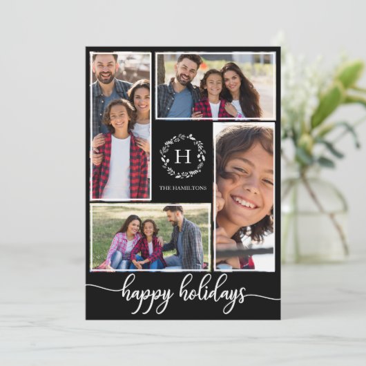 4 Foto's Collage Monogram Prettige feestdagen zwar Kaart (Staand voorkant)