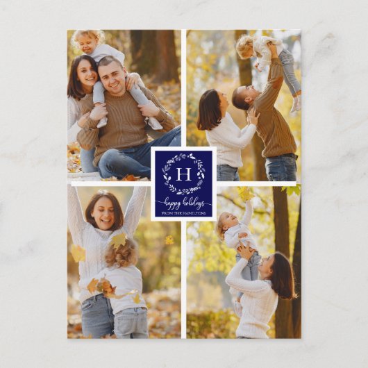 4 Foto's collage Prettige feestdagen kerstblauw Briefkaart (Voorkant)