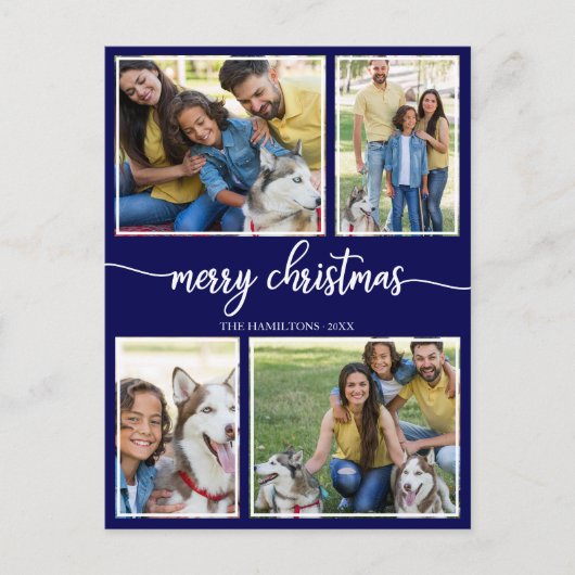 4 Foto's Eenvoudige Collage Merry Christmas Blue Briefkaart (Voorkant)
