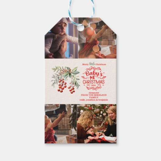 4 Foto's Elegante Bloemen Baby's Eerste Kerstmis Cadeaulabel (Voorkant)