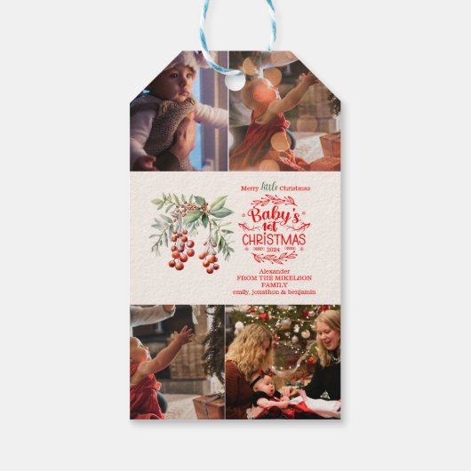 4 Foto's Elegante Bloemen Baby's Eerste Kerstmis Cadeaulabel (Achterkant)