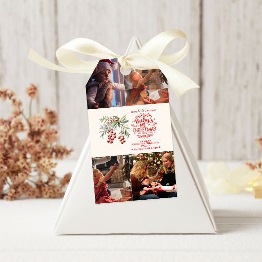 4 Foto's Elegante Bloemen Baby's Eerste Kerstmis Cadeaulabel