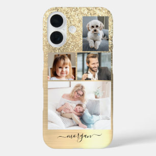 4 Foto's, Faux Brushed Gold Metal, Glitter, Naam iPhone 16 Hoesje