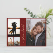 4 Foto's Grid Burgundy en Gold Script Wedding Kaart (Staand voorkant)