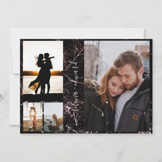 4 Foto's Grid Gold Shining Glitter Script Weddensc Kaart (Voorkant)