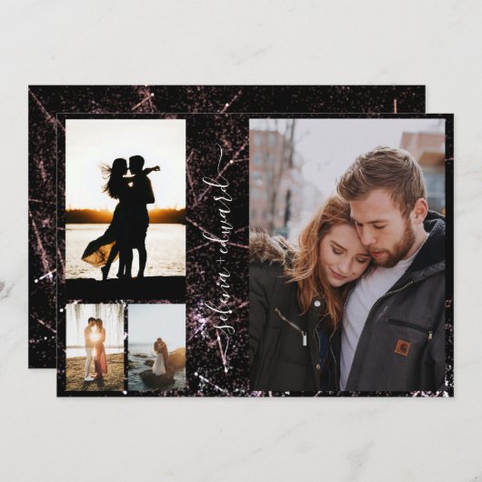 4 Foto's Grid Gold Shining Glitter Script Weddensc Kaart (Voorkant / Achterkant)