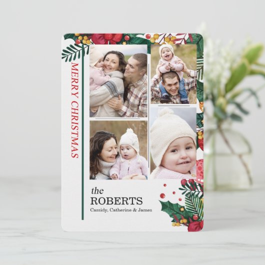 4 foto's Holly en bessen Kerstmis Feestdagenkaart (Staand voorkant)
