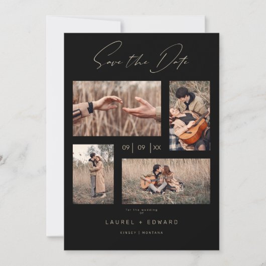 4 Foto's Modern Collage Wedding Wimshical Script Save The Date (Voorkant)