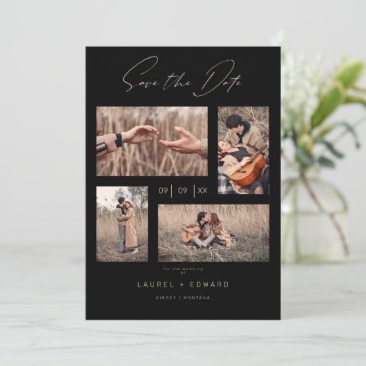 4 Foto's Modern Collage Wedding Wimshical Script Save The Date (Staand voorkant)