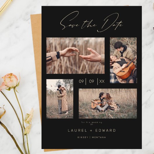 4 Foto's Modern Collage Wedding Wimshical Script Save The Date