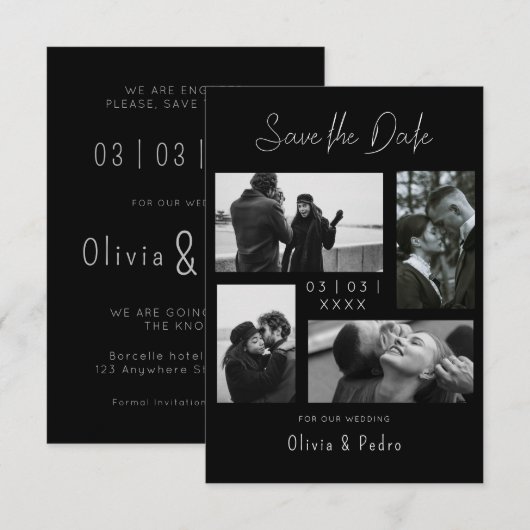 4 foto's moderne collage bruiloft save the date (Voorkant / Achterkant)
