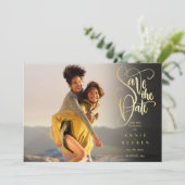 4 Foto's Moderne Elegante Gouden Schrift Save The Date (Staand voorkant)