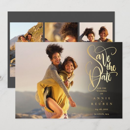 4 Foto's Moderne Elegante Gouden Schrift Save The Date (Voorkant / Achterkant)