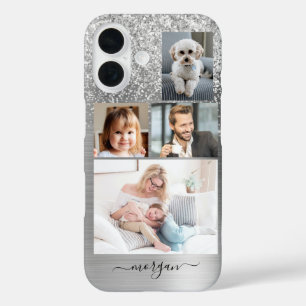 4 foto's, namaak geborsteld zilver metaal, glitter iPhone 16 hoesje
