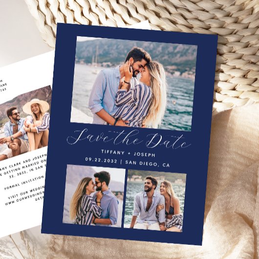 4 Foto's Navyblauw Save the Date Briefkaart