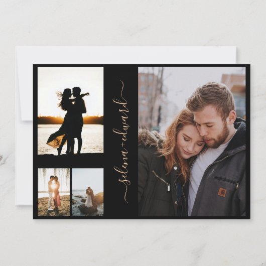 4 Foto's Net Black Gold Script Weddenschap Kaart (Voorkant)