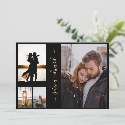 4 Foto's Net Black Gold Script Weddenschap Kaart (Staand voorkant)