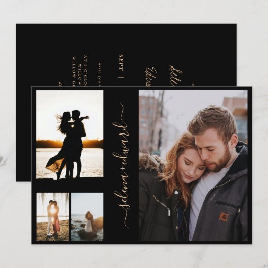 4 Foto's Net Black Gold Script Weddenschap Kaart (Voorkant / Achterkant)