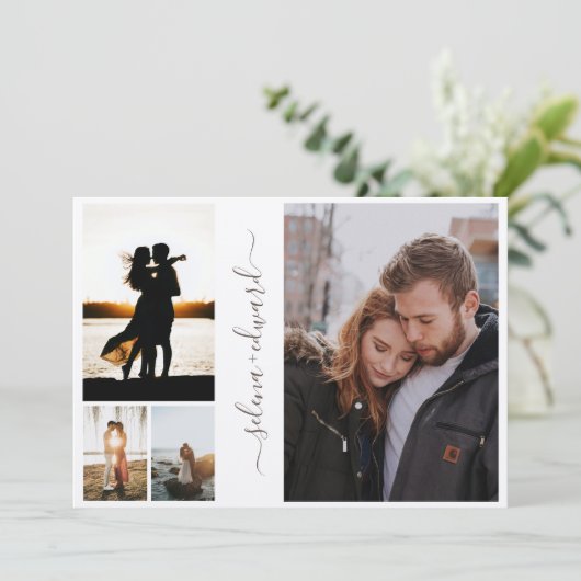 4 Foto's Net Metallic Silver Script Weddenschap Kaart (Staand voorkant)