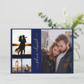 4 foto's raster marineblauw en goud schrift huweli kaart (Staand voorkant)