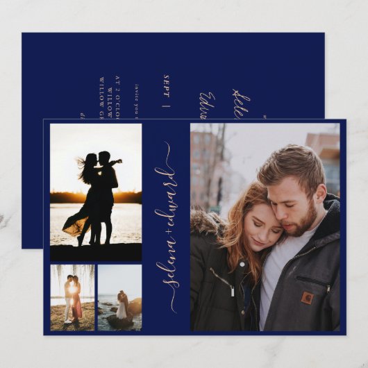 4 foto's raster marineblauw en goud schrift huweli kaart (Voorkant / Achterkant)