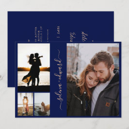 4 foto's raster marineblauw en goud schrift huweli kaart