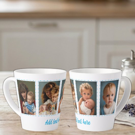 4 foto's tekst toevoegen wit blauw latte mok