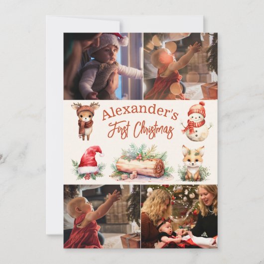 4 Foto's Woodland Animals Baby Eerste Kerstmis Feestdagenkaart (Voorkant)