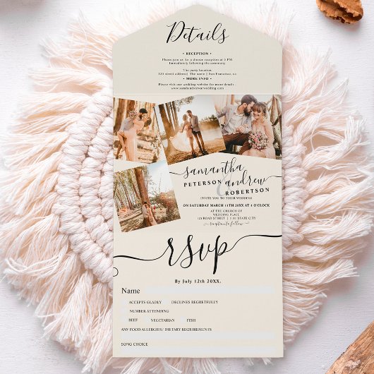 4 foto's zwart ivoor modern schrift trouwen all in one uitnodiging