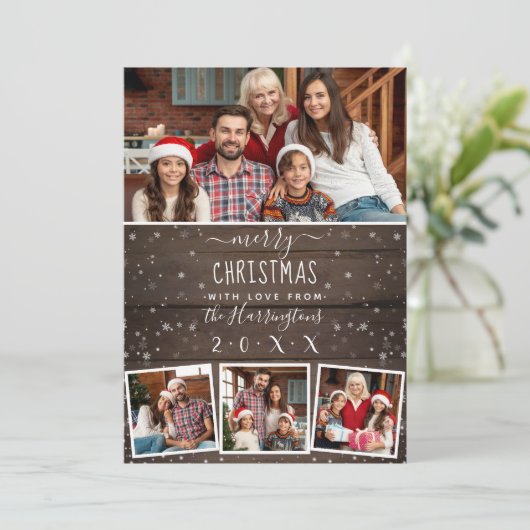 4 Fotosneeuw en  hout — kerst met fijne kerst Kaart (Staand voorkant)