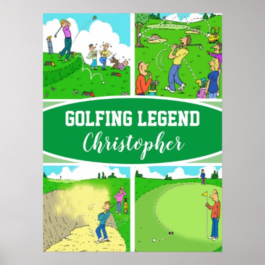 4 Funny Golfers Golfing-Cartoons voor een Golf Leg Poster (Voorkant)