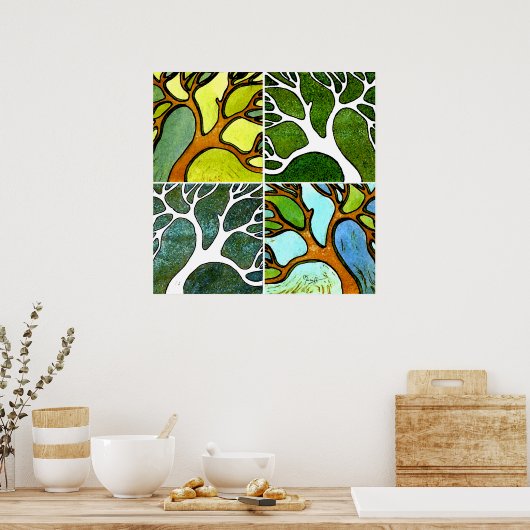 4 Hand Carved Trees in Waterverf en Pen & inkt Poster (Keuken)