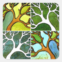 4 Hand Carved Trees in Waterverf en Pen & inkt