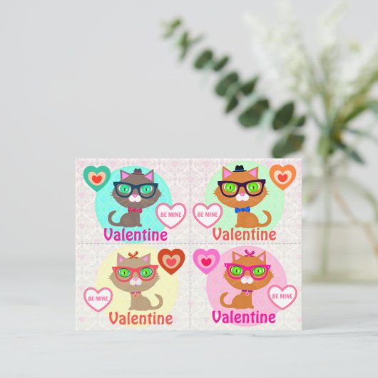 4 Hipster Cool Cat Valentijnse Kaarten Feestdagenkaart (Staand voorkant)