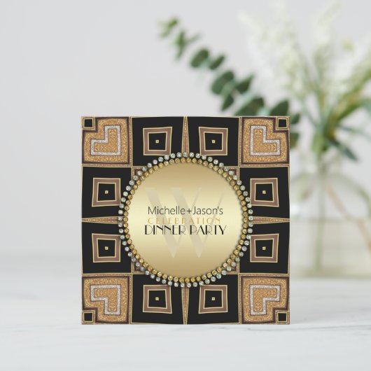 4 Hoeken van Liefde Zwarte Goud Art Deco Dinnerfee Kaart (Staand voorkant)